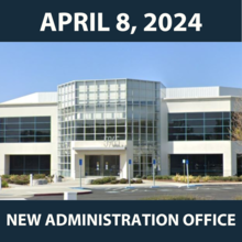 New administration office entrance with move date of April 8, 2024.